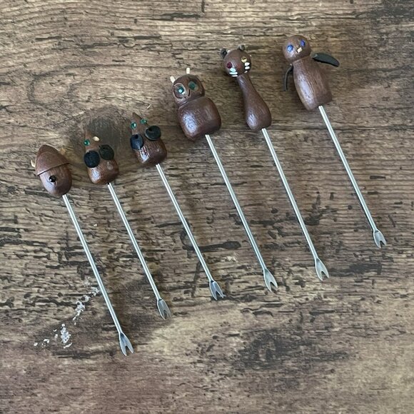 Vintage Danish MCM Teak Wood Handle Cocktail Picks Forks Set of 6 Cat Mouse Owl - Picture 1 of 8